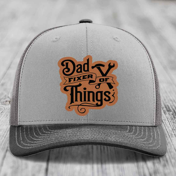 Dad Fixer of Things - Leather Patch Hat - Rawhide to Black Patch - Richardson 112 Snapback Trucker Hat