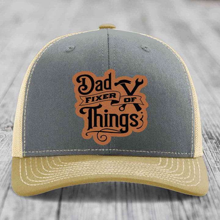 Dad Fixer of Things - Leather Patch Hat - Rawhide to Black Patch - Richardson 112 Snapback Trucker Hat
