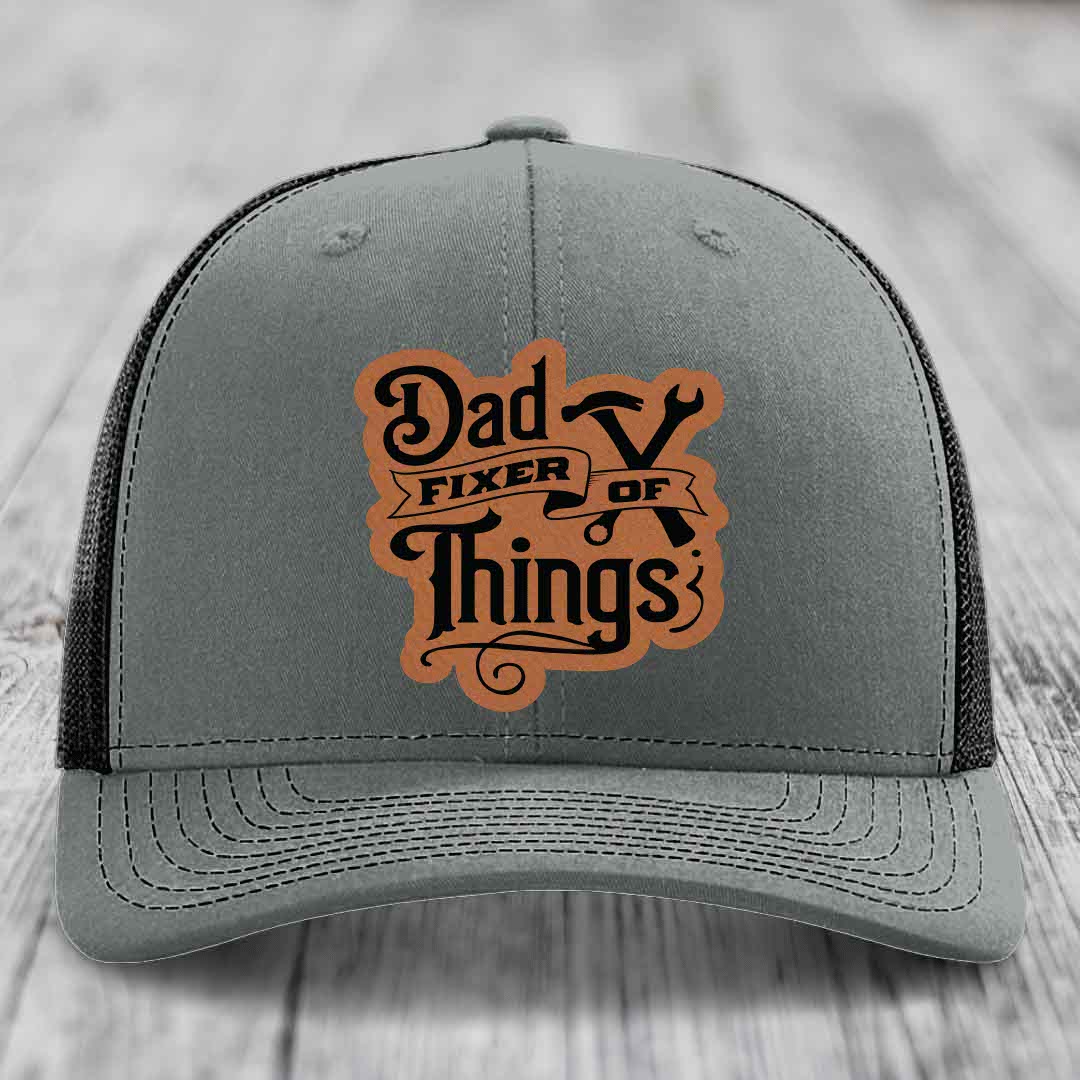 Dad Fixer of Things - Leather Patch Hat - Rawhide to Black Patch - Richardson 112 Snapback Trucker Hat