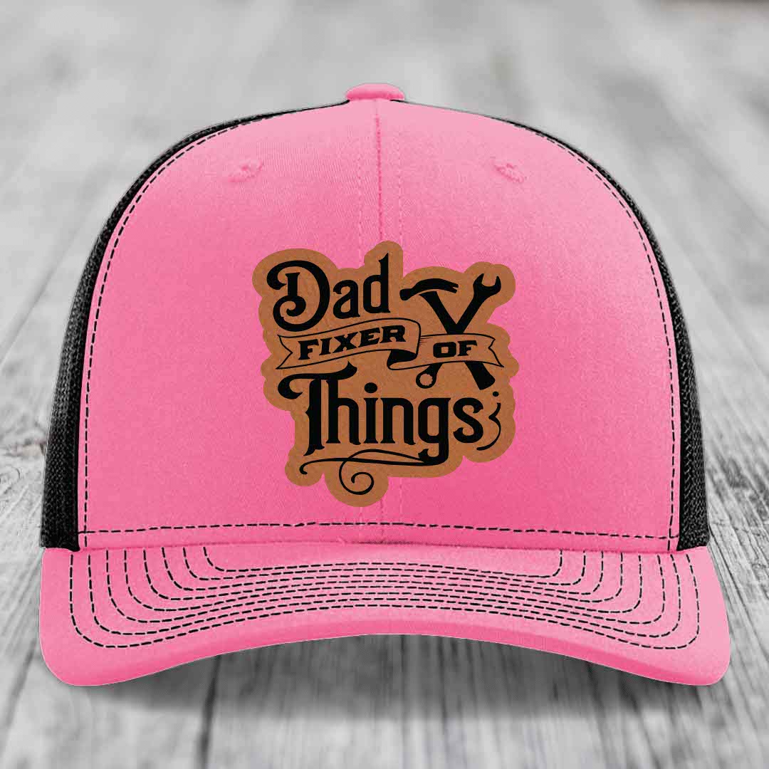 Dad Fixer of Things - Leather Patch Hat - Rawhide to Black Patch - Richardson 112 Snapback Trucker Hat