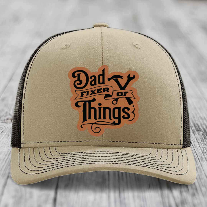 Dad Fixer of Things - Leather Patch Hat - Rawhide to Black Patch - Richardson 112 Snapback Trucker Hat