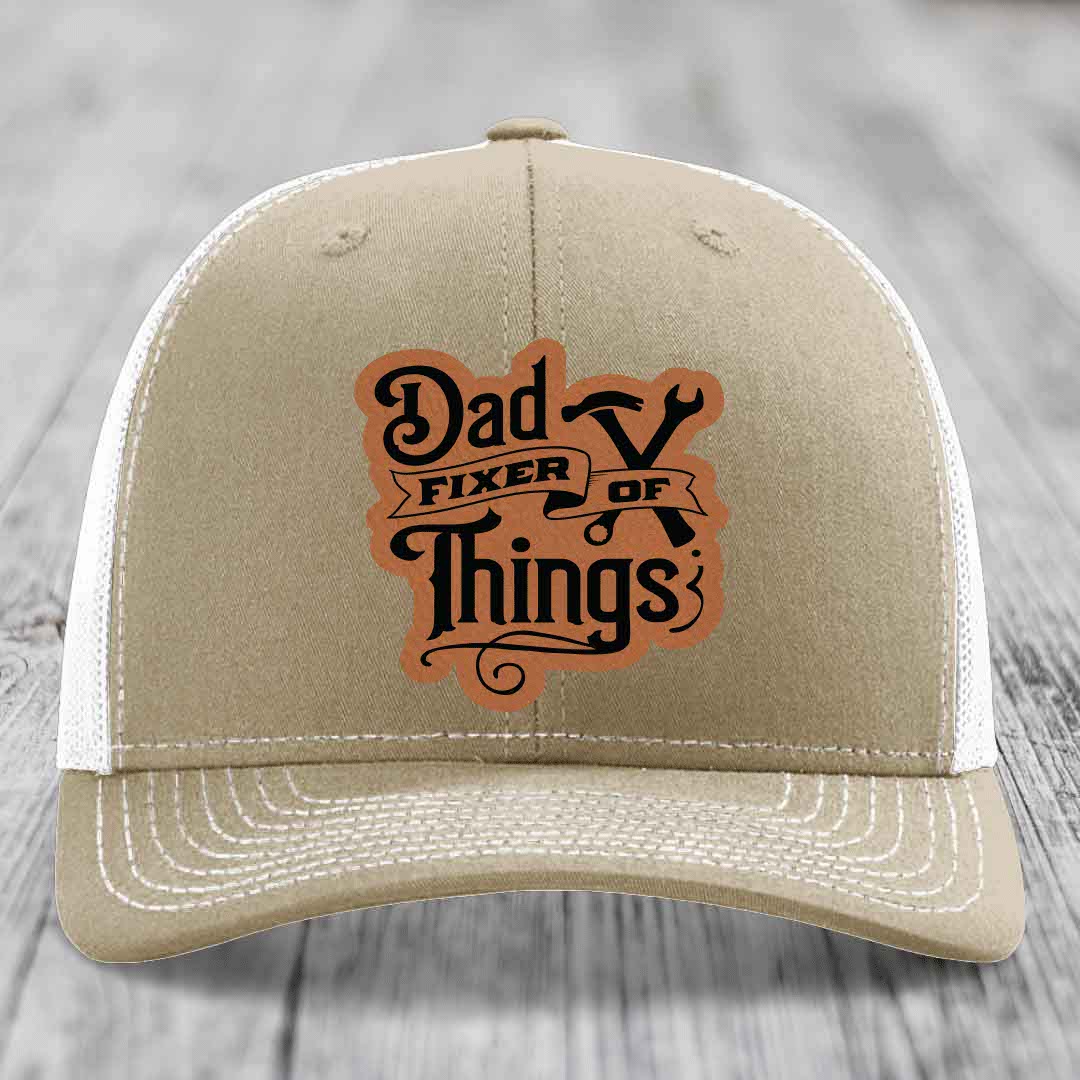 Dad Fixer of Things - Leather Patch Hat - Rawhide to Black Patch - Richardson 112 Snapback Trucker Hat