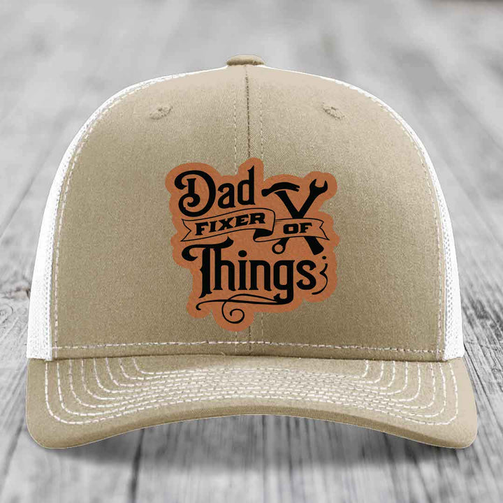 Dad Fixer of Things - Leather Patch Hat - Rawhide to Black Patch - Richardson 112 Snapback Trucker Hat