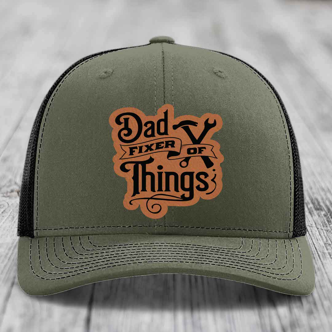 Dad Fixer of Things - Leather Patch Hat - Rawhide to Black Patch - Richardson 112 Snapback Trucker Hat