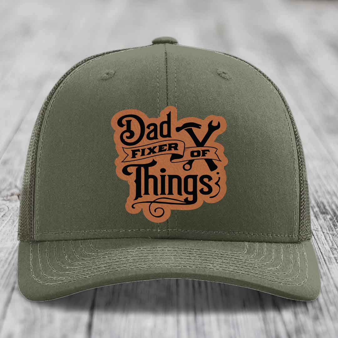 Dad Fixer of Things - Leather Patch Hat - Rawhide to Black Patch - Richardson 112 Snapback Trucker Hat