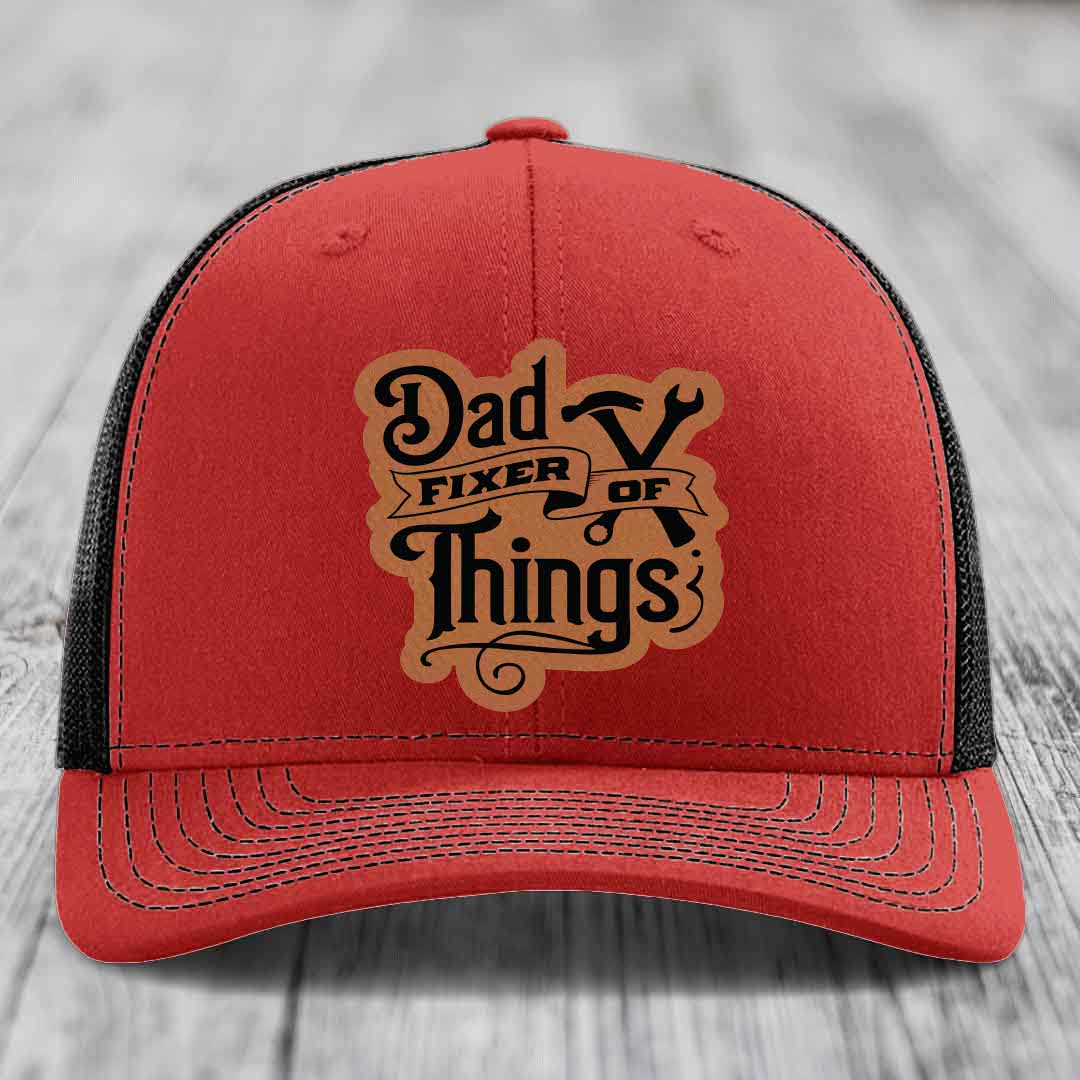 Dad Fixer of Things - Leather Patch Hat - Rawhide to Black Patch - Richardson 112 Snapback Trucker Hat