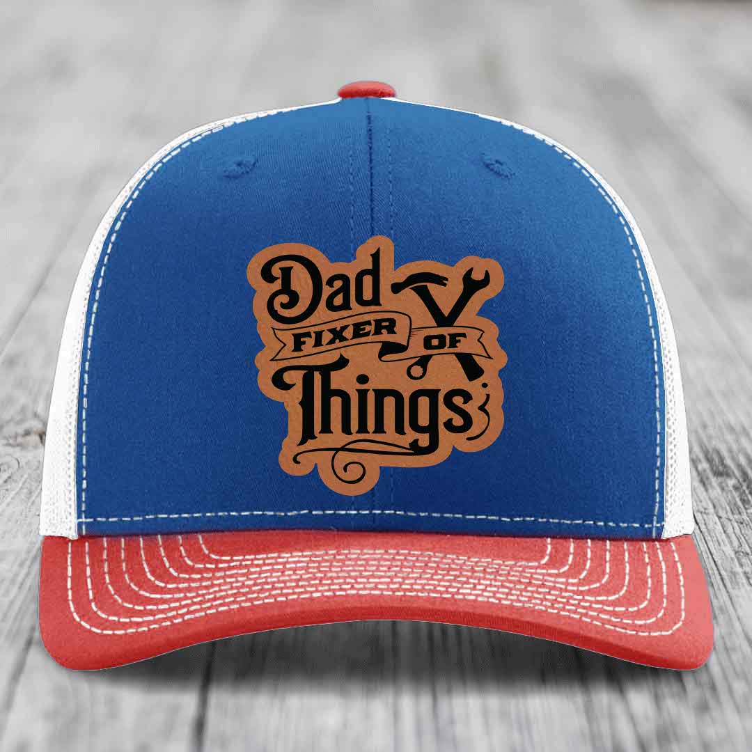 Dad Fixer of Things - Leather Patch Hat - Rawhide to Black Patch - Richardson 112 Snapback Trucker Hat