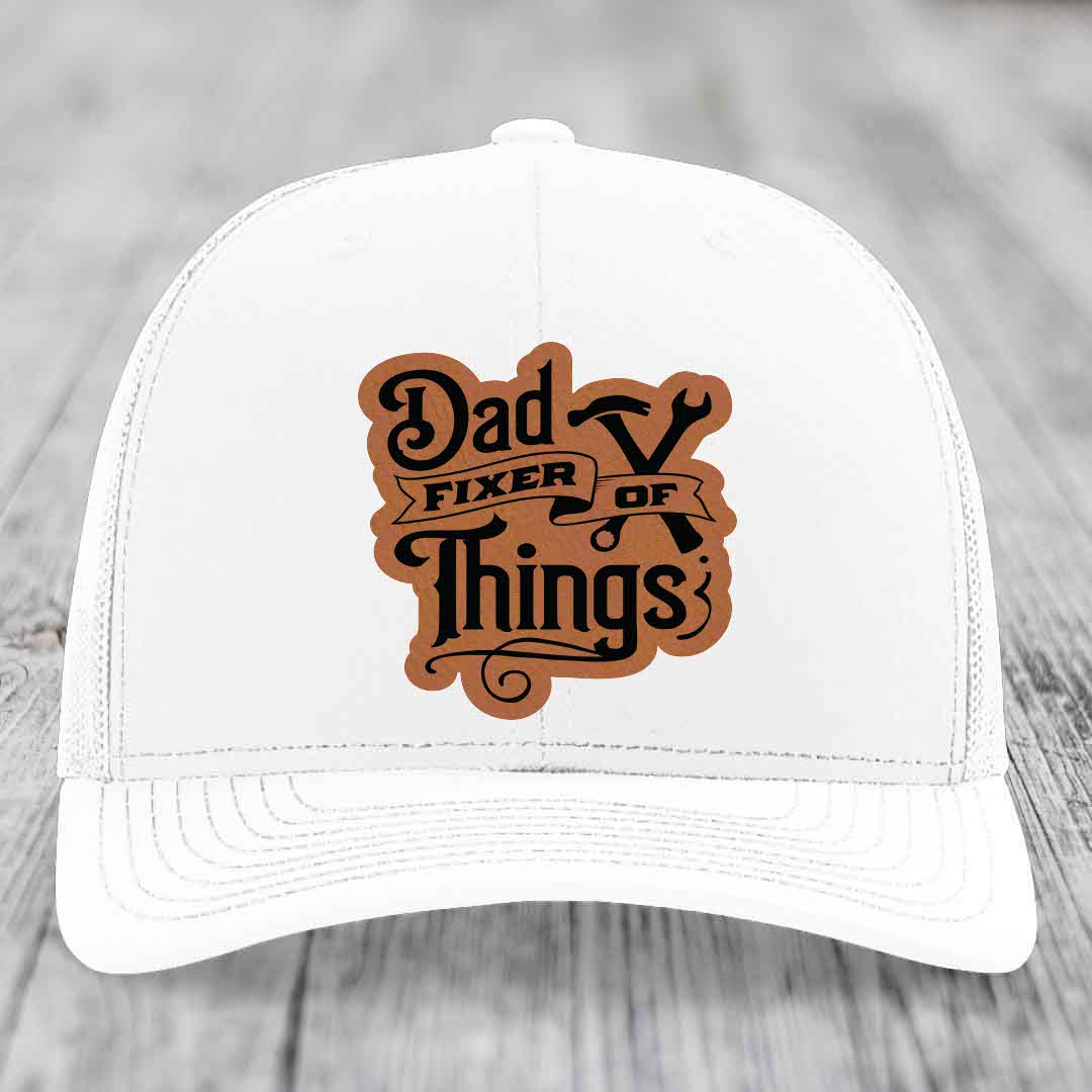 Dad Fixer of Things - Leather Patch Hat - Rawhide to Black Patch - Richardson 112 Snapback Trucker Hat