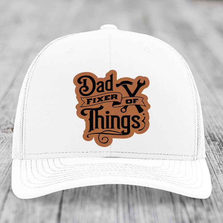 Dad Fixer of Things - Leather Patch Hat - Rawhide to Black Patch - Richardson 112 Snapback Trucker Hat