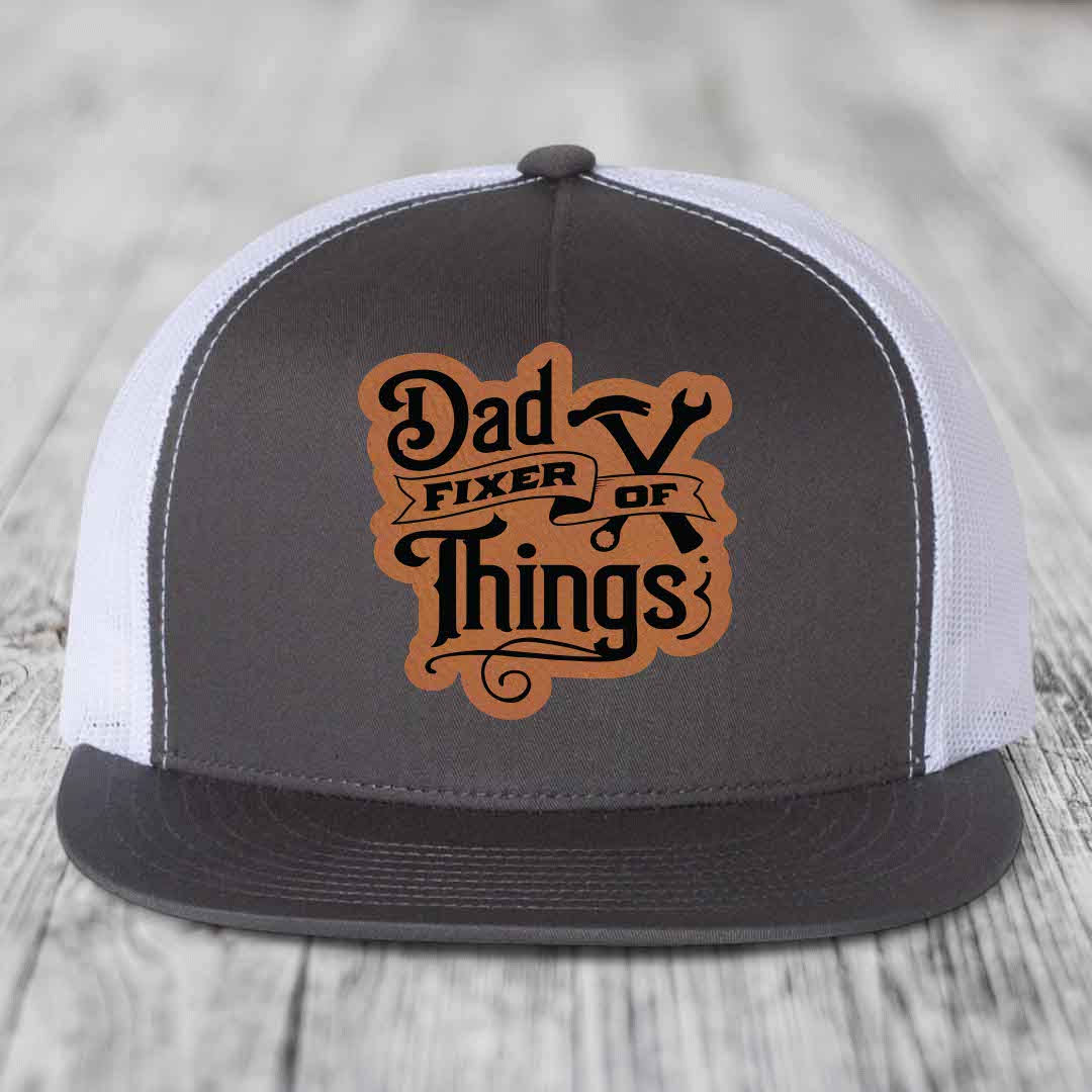 Dad Fixer of Things - Leather Patch Hat - Rawhide to Black Patch - Yupoong 6006 Snapback Flatbill Hat