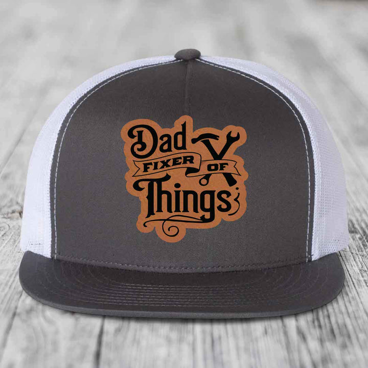 Dad Fixer of Things - Leather Patch Hat - Rawhide to Black Patch - Yupoong 6006 Snapback Flatbill Hat