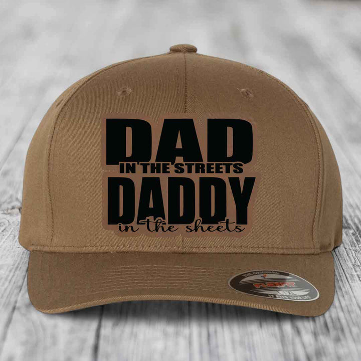 Dad in the Streets Daddy in the Sheets - Leather Patch Hat - Dark Brown to Black Patch - Flexfit 6277 Fitted Hat