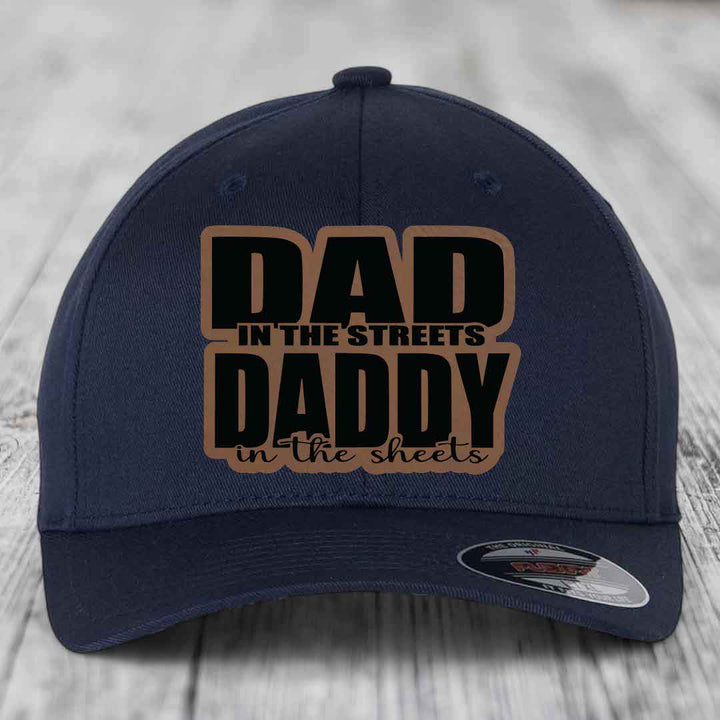 Dad in the Streets Daddy in the Sheets - Leather Patch Hat - Dark Brown to Black Patch - Flexfit 6277 Fitted Hat
