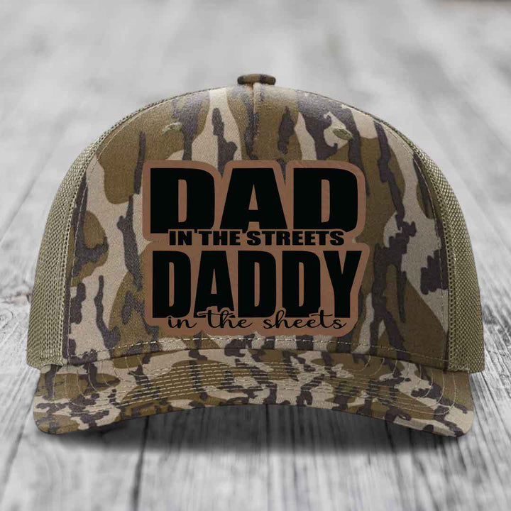 Dad in the Streets Daddy in the Sheets - Leather Patch Hat - Dark Brown to Black Patch - Richardson 112PFP Snapback Trucker Hat
