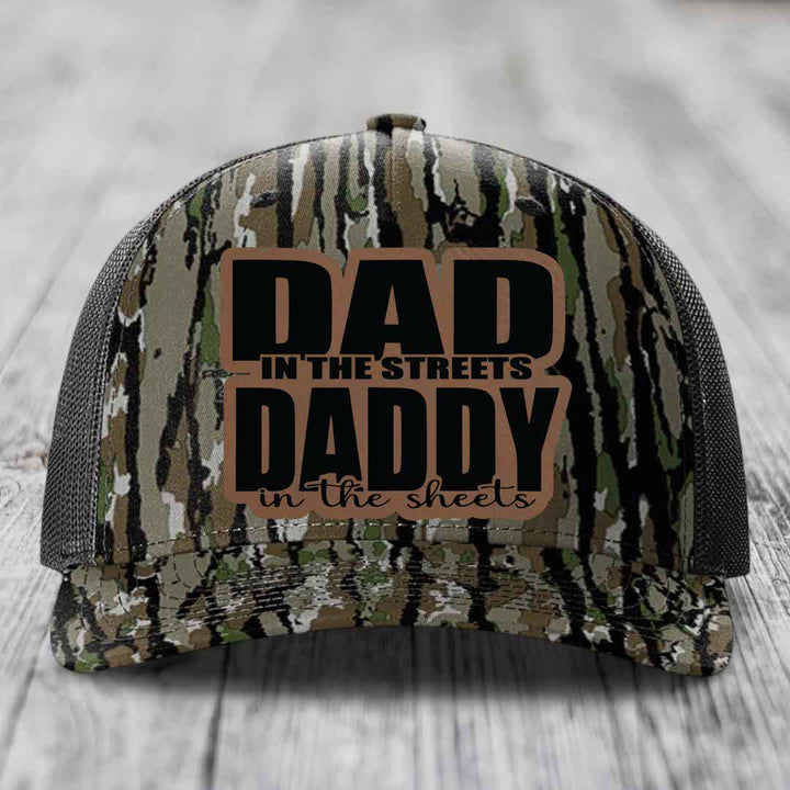 Dad in the Streets Daddy in the Sheets - Leather Patch Hat - Dark Brown to Black Patch - Richardson 112PFP Snapback Trucker Hat