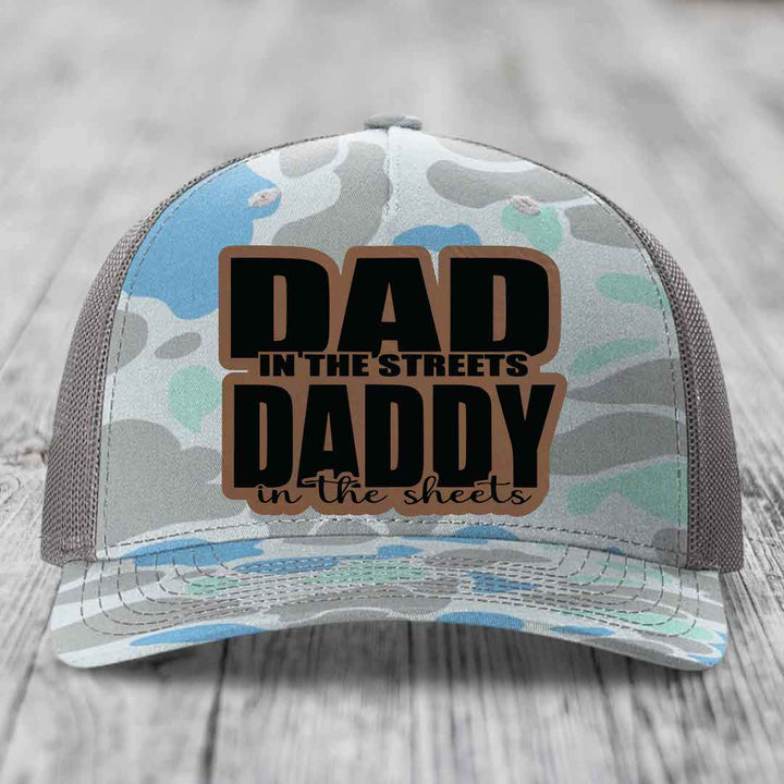 Dad in the Streets Daddy in the Sheets - Leather Patch Hat - Dark Brown to Black Patch - Richardson 112PFP Snapback Trucker Hat