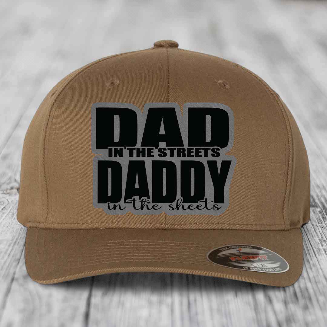 Dad in the Streets Daddy in the Sheets - Leather Patch Hat - Grey to Black Patch - Flexfit 6277 Fitted Hat