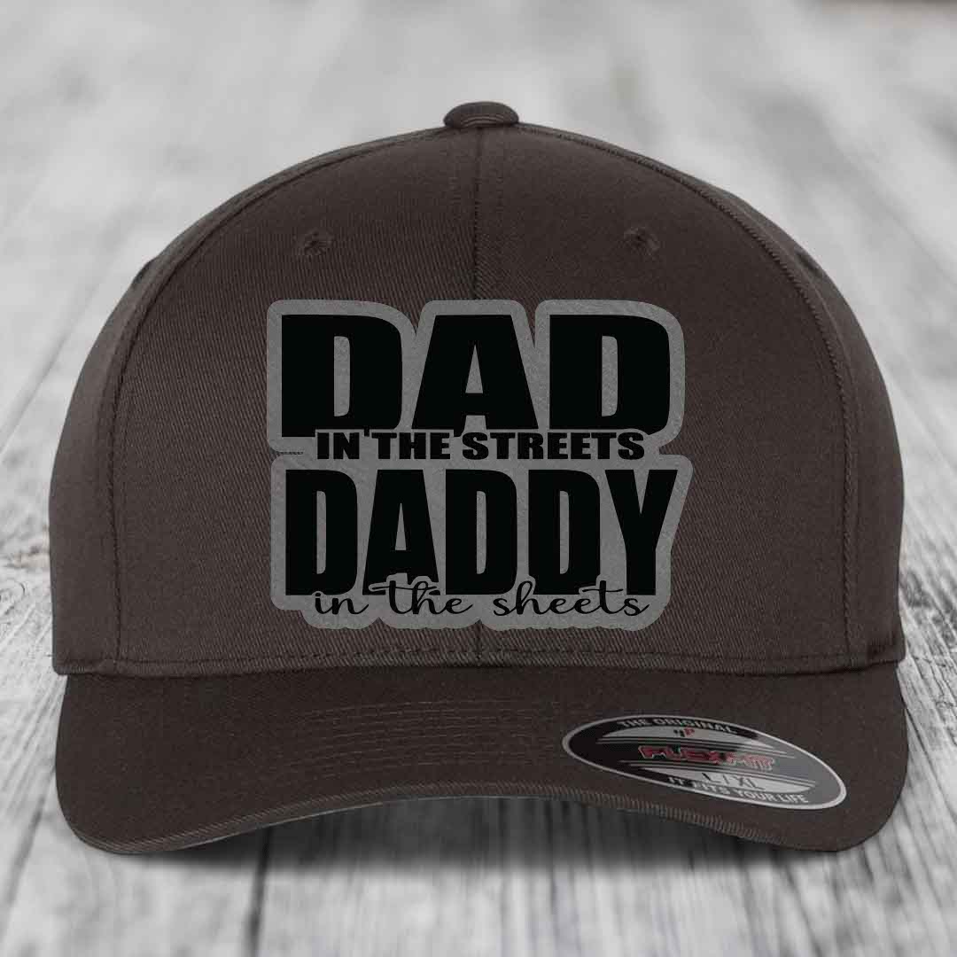 Dad in the Streets Daddy in the Sheets - Leather Patch Hat - Grey to Black Patch - Flexfit 6277 Fitted Hat
