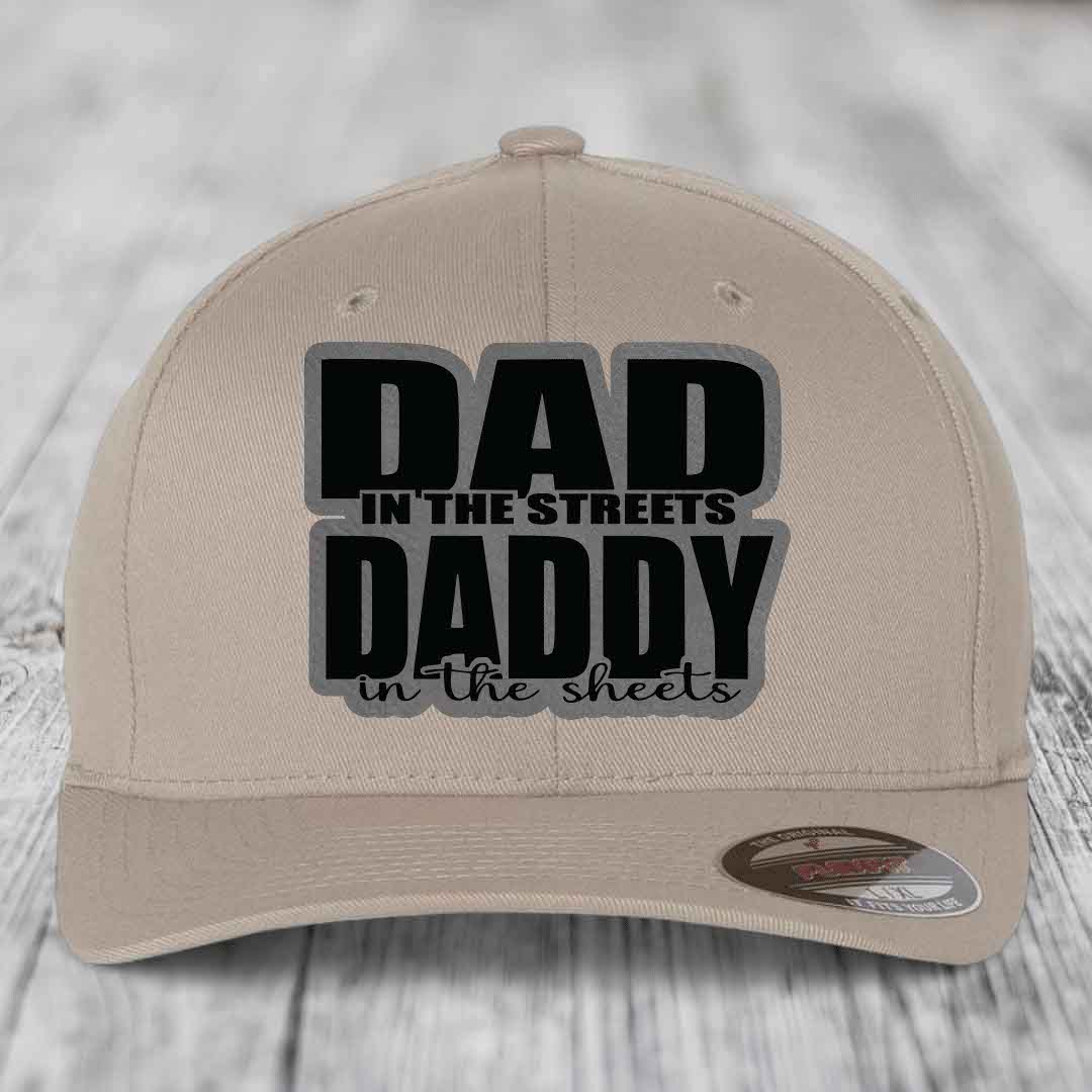 Dad in the Streets Daddy in the Sheets - Leather Patch Hat - Grey to Black Patch - Flexfit 6277 Fitted Hat
