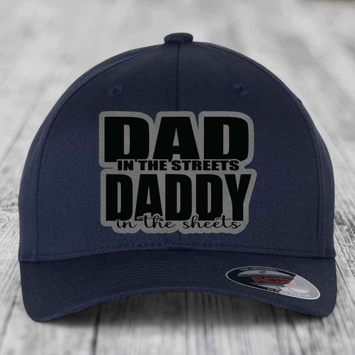 Dad in the Streets Daddy in the Sheets - Leather Patch Hat - Grey to Black Patch - Flexfit 6277 Fitted Hat