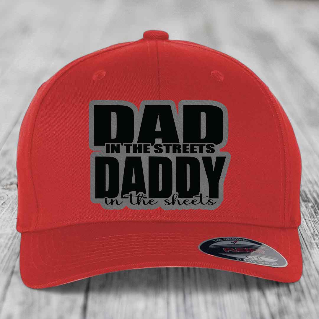 Dad in the Streets Daddy in the Sheets - Leather Patch Hat - Grey to Black Patch - Flexfit 6277 Fitted Hat