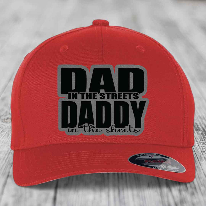 Dad in the Streets Daddy in the Sheets - Leather Patch Hat - Grey to Black Patch - Flexfit 6277 Fitted Hat