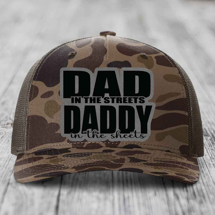 Dad in the Streets Daddy in the Sheets - Leather Patch Hat - Grey to Black Patch - Richardson 112PFP Snapback Trucker Hat
