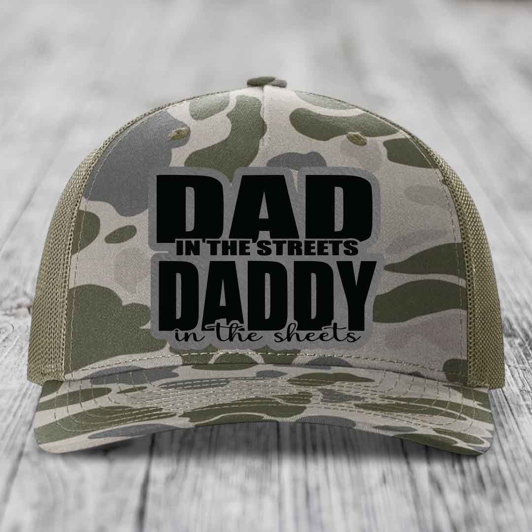 Dad in the Streets Daddy in the Sheets - Leather Patch Hat - Grey to Black Patch - Richardson 112PFP Snapback Trucker Hat