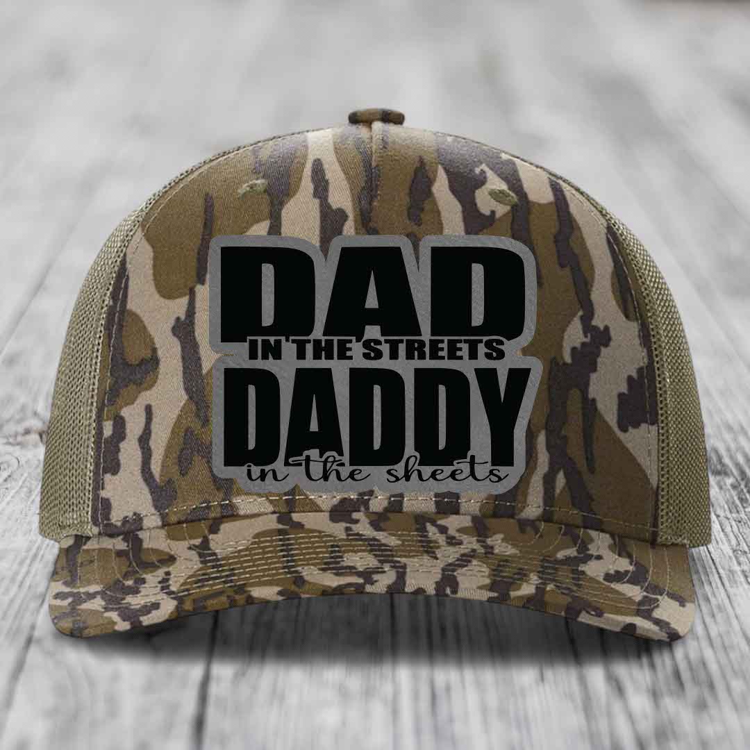 Dad in the Streets Daddy in the Sheets - Leather Patch Hat - Grey to Black Patch - Richardson 112PFP Snapback Trucker Hat