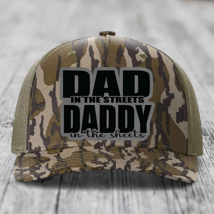 Dad in the Streets Daddy in the Sheets - Leather Patch Hat - Grey to Black Patch - Richardson 112PFP Snapback Trucker Hat