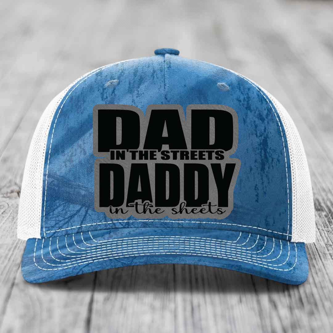 Dad in the Streets Daddy in the Sheets - Leather Patch Hat - Grey to Black Patch - Richardson 112PFP Snapback Trucker Hat