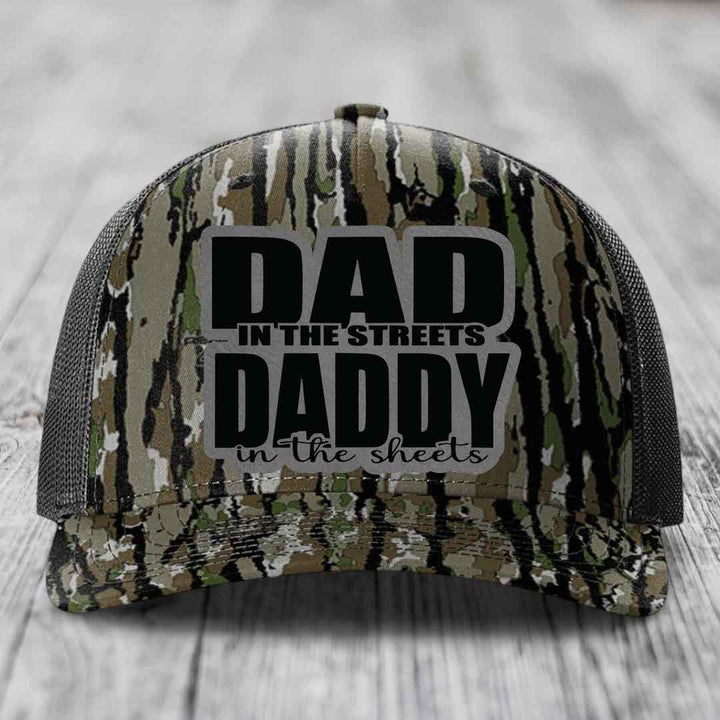 Dad in the Streets Daddy in the Sheets - Leather Patch Hat - Grey to Black Patch - Richardson 112PFP Snapback Trucker Hat