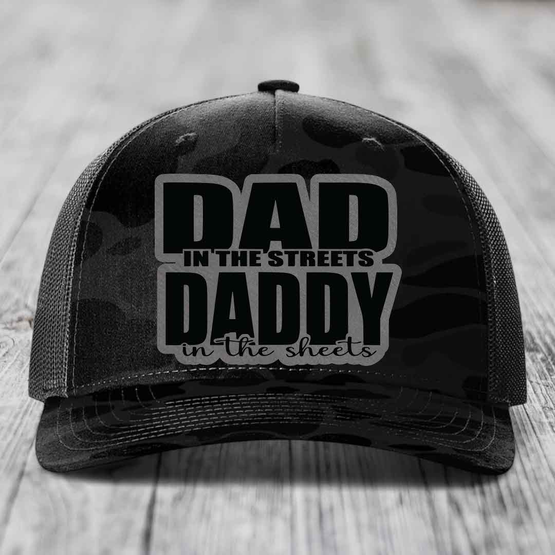Dad in the Streets Daddy in the Sheets - Leather Patch Hat - Grey to Black Patch - Richardson 112PFP Snapback Trucker Hat