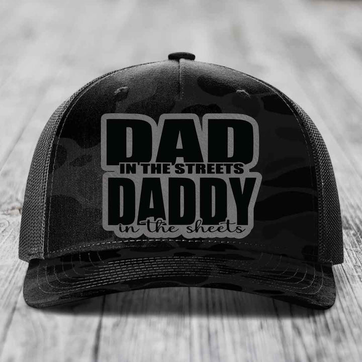 Dad in the Streets Daddy in the Sheets - Leather Patch Hat - Grey to Black Patch - Richardson 112PFP Snapback Trucker Hat