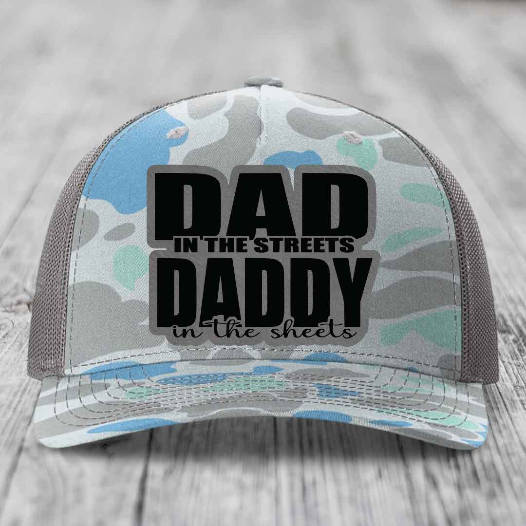 Dad in the Streets Daddy in the Sheets - Leather Patch Hat - Grey to Black Patch - Richardson 112PFP Snapback Trucker Hat
