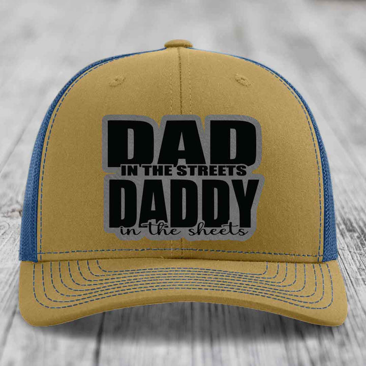 Dad in the Streets Daddy in the Sheets - Leather Patch Hat - Grey to Black Patch - Richardson 112 Snapback Trucker Hat