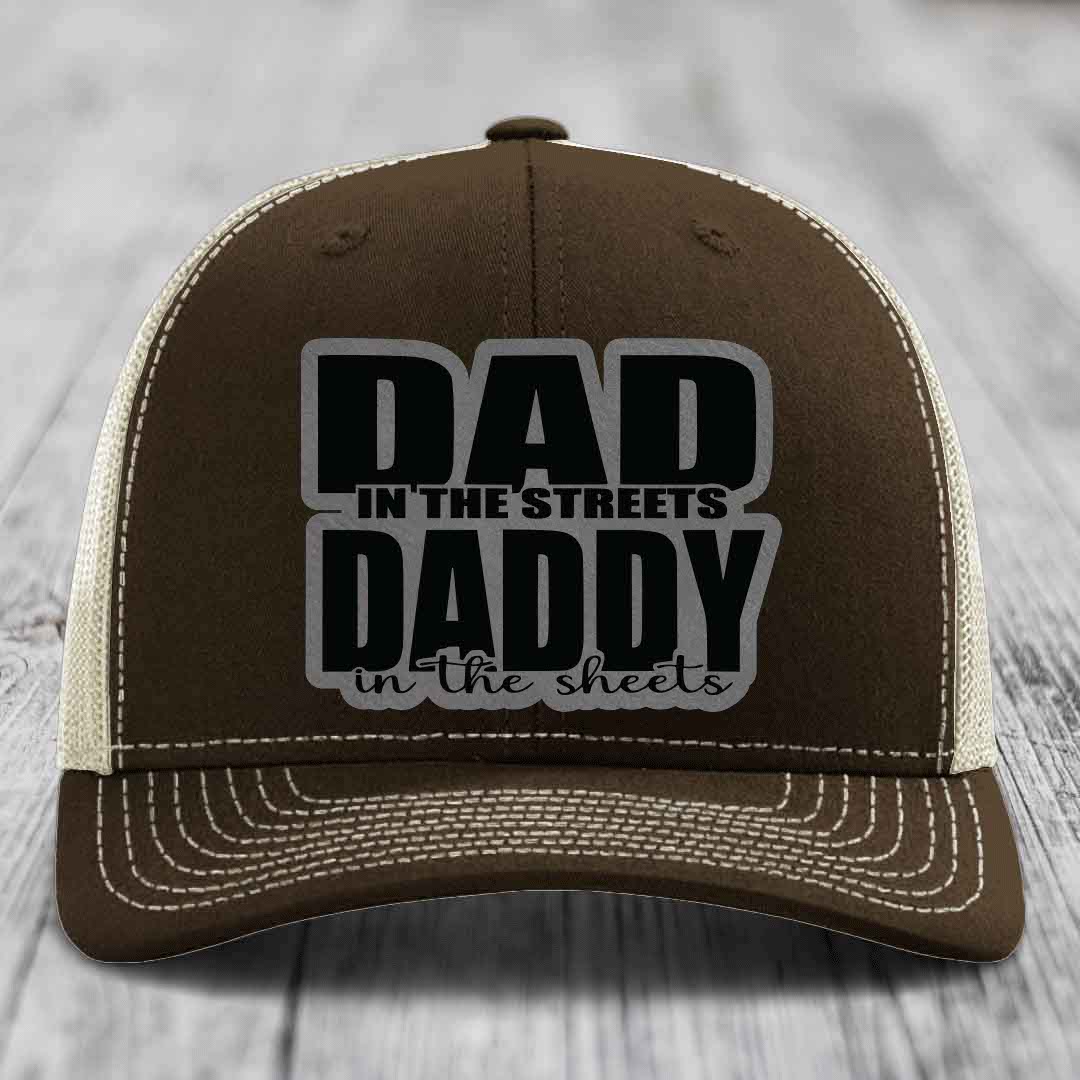 Dad in the Streets Daddy in the Sheets - Leather Patch Hat - Grey to Black Patch - Richardson 112 Snapback Trucker Hat