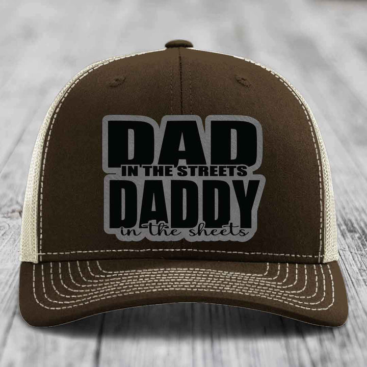 Dad in the Streets Daddy in the Sheets - Leather Patch Hat - Grey to Black Patch - Richardson 112 Snapback Trucker Hat