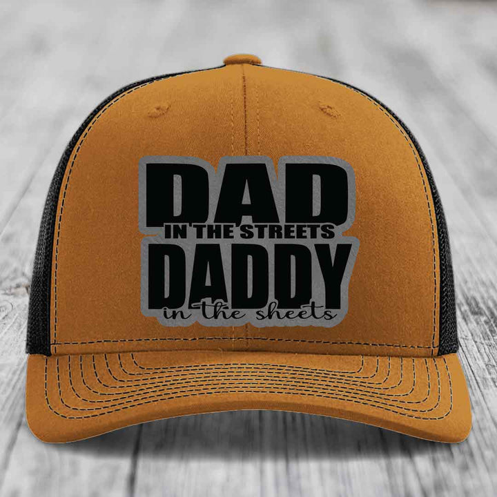 Dad in the Streets Daddy in the Sheets - Leather Patch Hat - Grey to Black Patch - Richardson 112 Snapback Trucker Hat