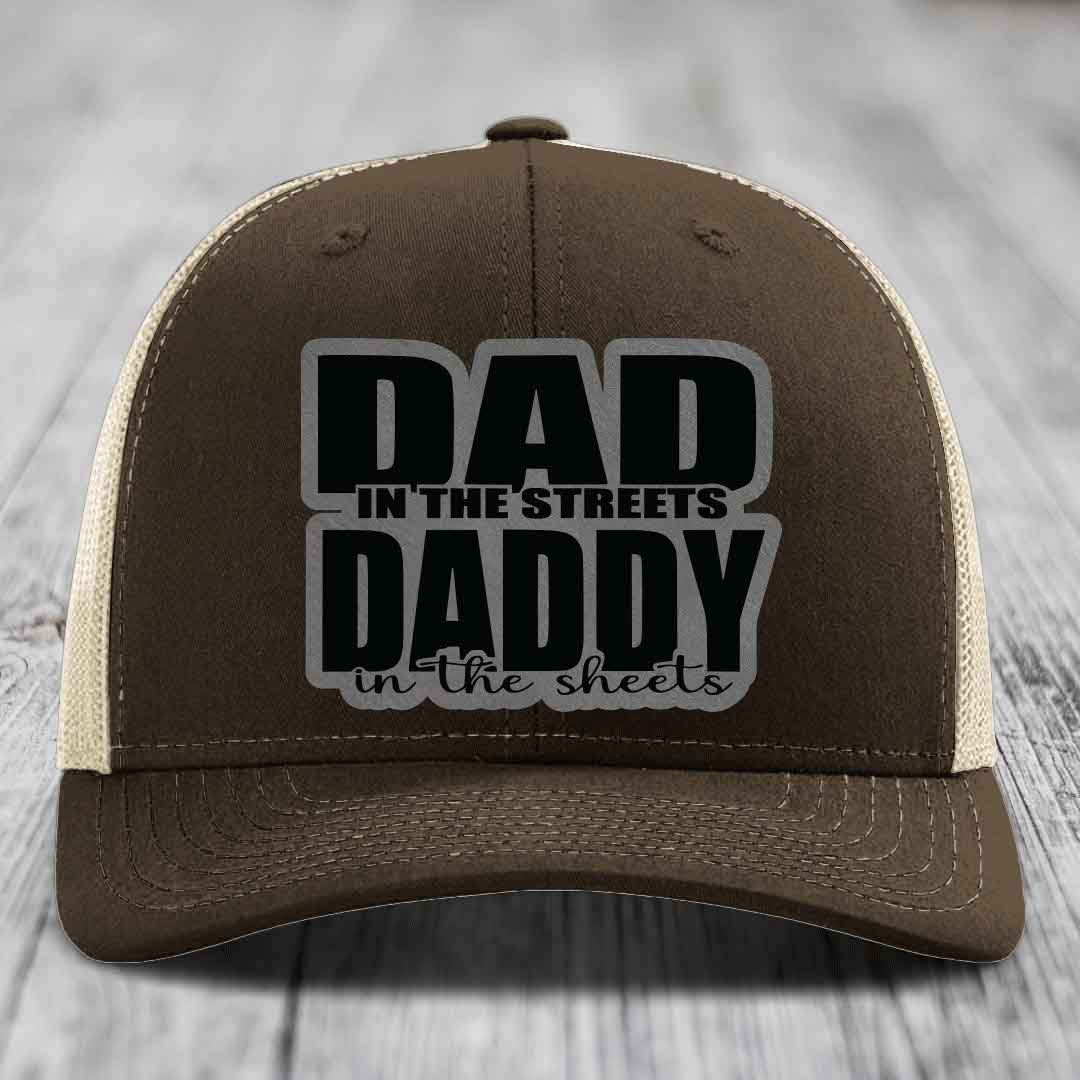 Dad in the Streets Daddy in the Sheets - Leather Patch Hat - Grey to Black Patch - Richardson 112 Snapback Trucker Hat