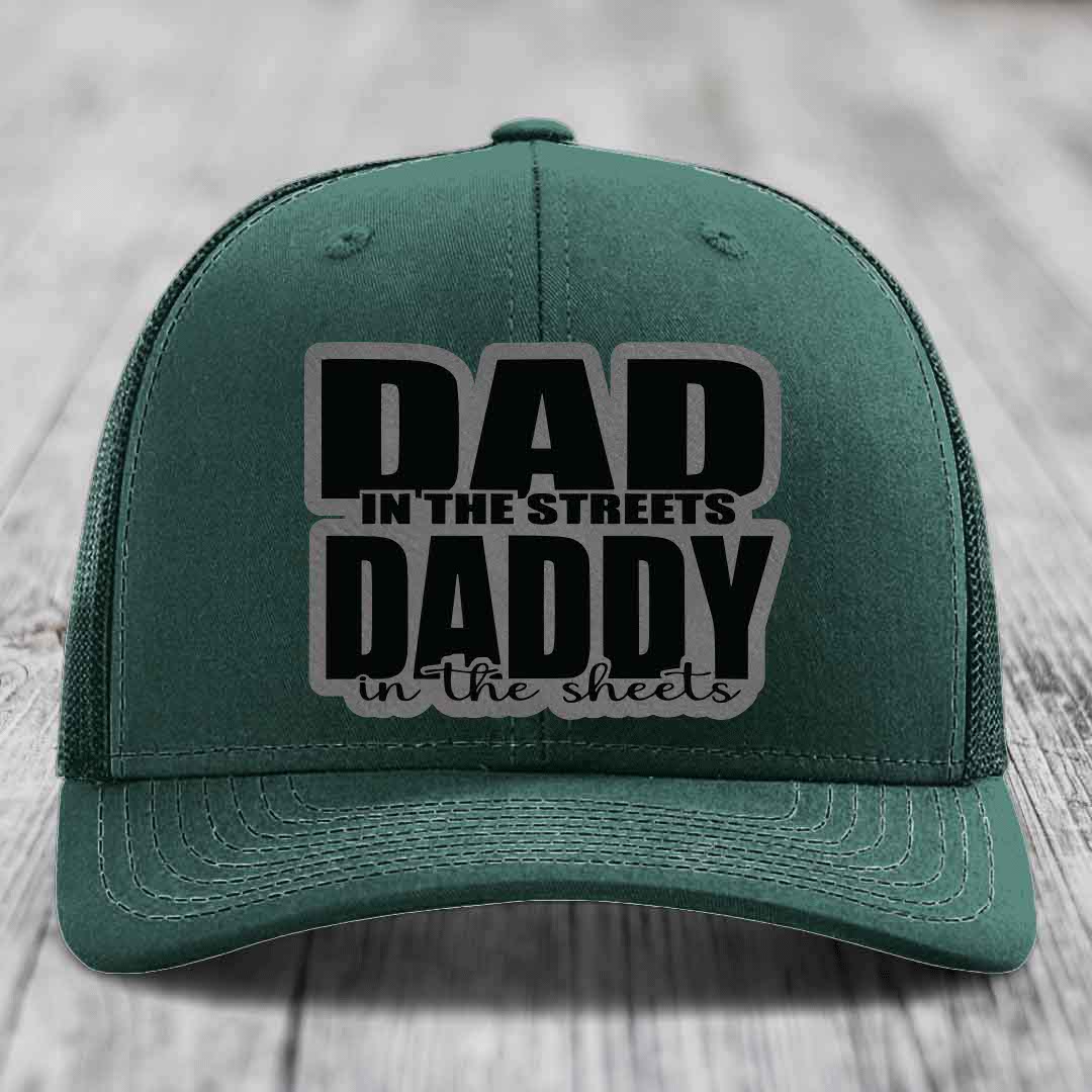 Dad in the Streets Daddy in the Sheets - Leather Patch Hat - Grey to Black Patch - Richardson 112 Snapback Trucker Hat