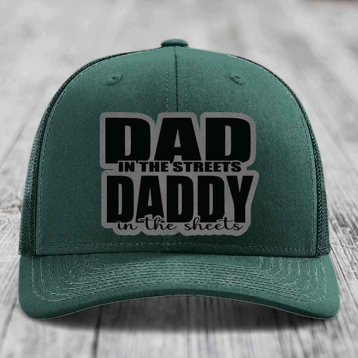 Dad in the Streets Daddy in the Sheets - Leather Patch Hat - Grey to Black Patch - Richardson 112 Snapback Trucker Hat
