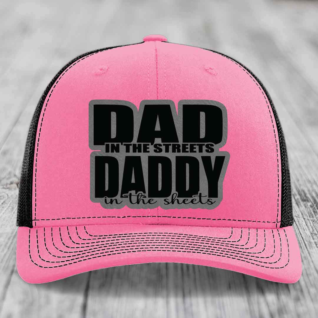 Dad in the Streets Daddy in the Sheets - Leather Patch Hat - Grey to Black Patch - Richardson 112 Snapback Trucker Hat