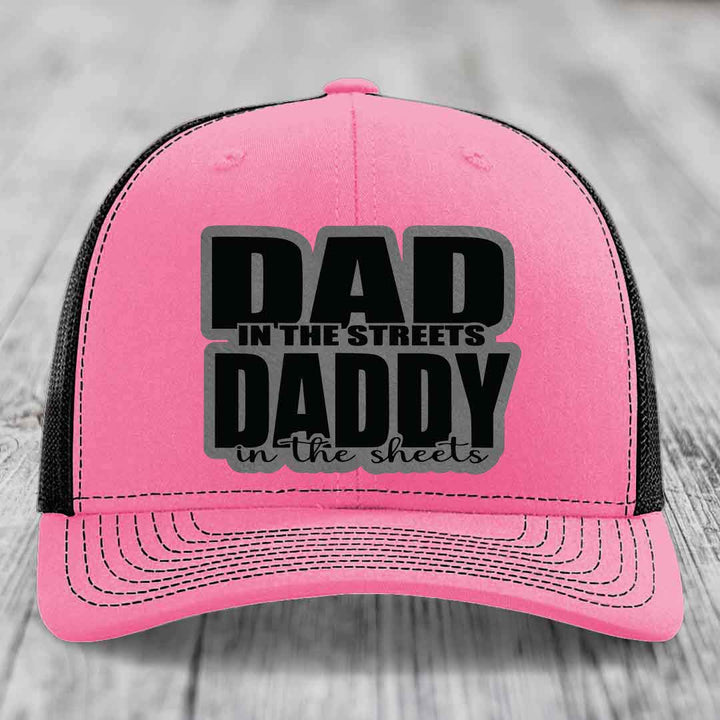 Dad in the Streets Daddy in the Sheets - Leather Patch Hat - Grey to Black Patch - Richardson 112 Snapback Trucker Hat
