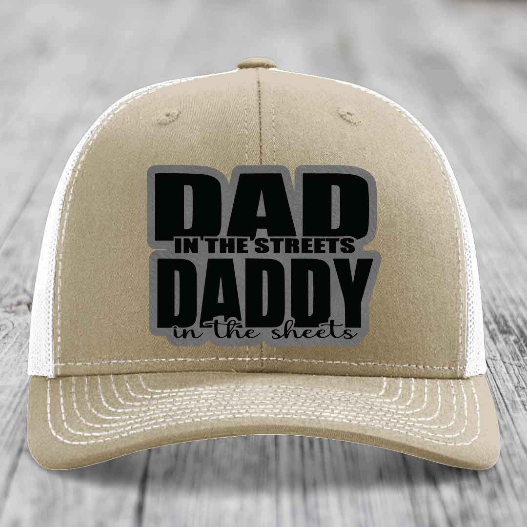 Dad in the Streets Daddy in the Sheets - Leather Patch Hat - Grey to Black Patch - Richardson 112 Snapback Trucker Hat