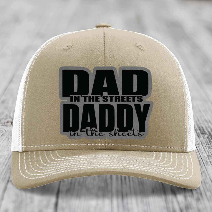 Dad in the Streets Daddy in the Sheets - Leather Patch Hat - Grey to Black Patch - Richardson 112 Snapback Trucker Hat