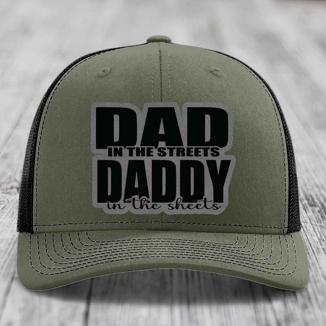 Dad in the Streets Daddy in the Sheets - Leather Patch Hat - Grey to Black Patch - Richardson 112 Snapback Trucker Hat