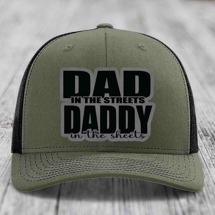 Dad in the Streets Daddy in the Sheets - Leather Patch Hat - Grey to Black Patch - Richardson 112 Snapback Trucker Hat