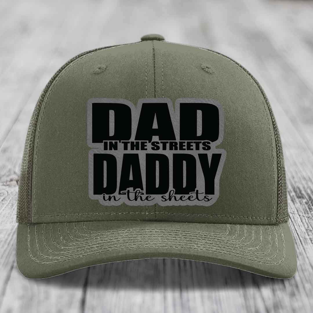 Dad in the Streets Daddy in the Sheets - Leather Patch Hat - Grey to Black Patch - Richardson 112 Snapback Trucker Hat