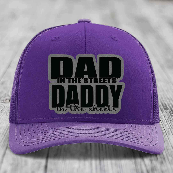 Dad in the Streets Daddy in the Sheets - Leather Patch Hat - Grey to Black Patch - Richardson 112 Snapback Trucker Hat